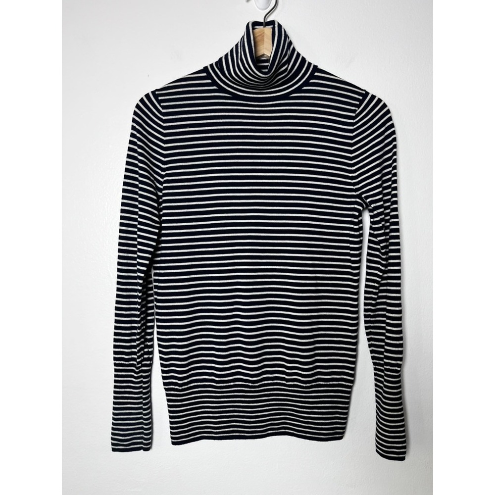 J. Crew 100% Merino Wool Turtleneck Sweater Navy White Stripes Knit size small